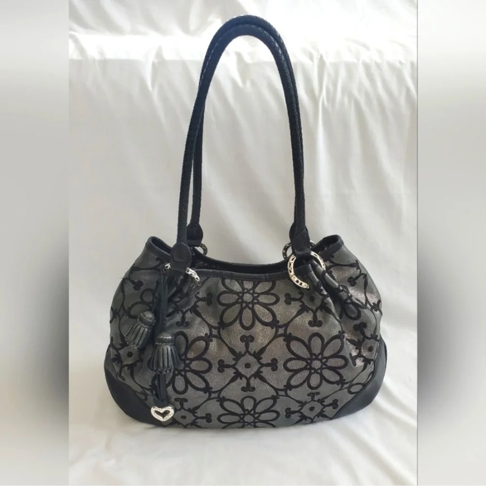 Brighton Valencia Gunmetal Pewter Floral Hobo Shoulder Handbag